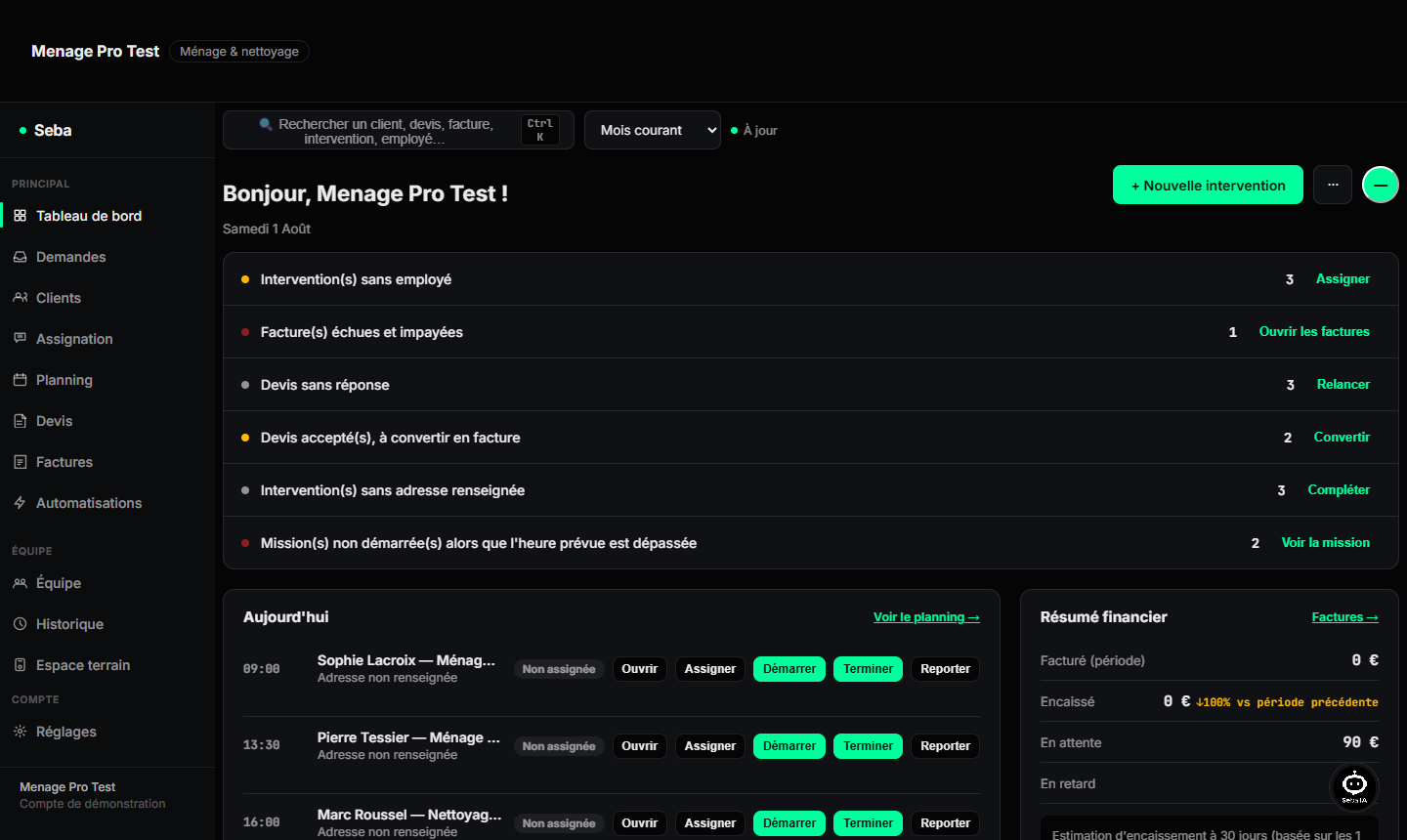 Tableau de bord Seba : missions du jour, résumé financier et recommandations